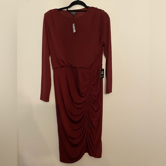 Express |‎ Burgundy Rouched Long Sleeve Dress - Picture 1 of 5